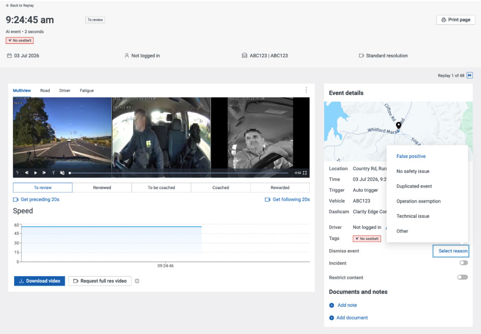 Image shows information screen within EROAD's Clarity Edge AI camera portal, Replay